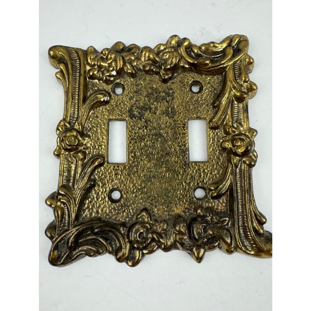 Vintage Ornate Brass Double Toggle Light Switch Cover Plate Floral Rococo Gold